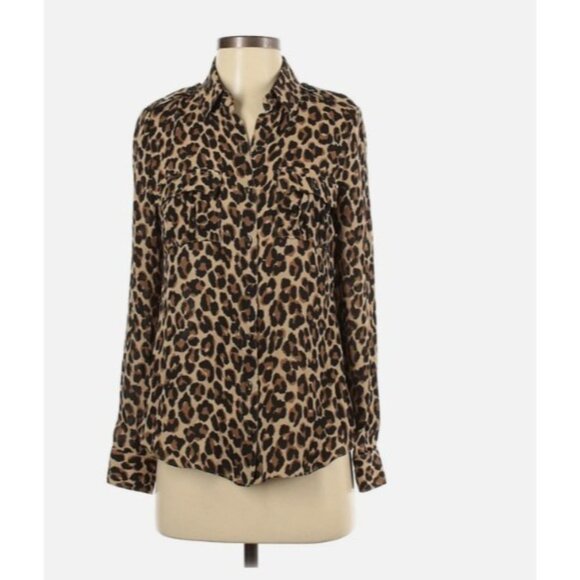 White House Black Market Leopard Print Silk Button Front Blouse Sz 10 Cheetah - Picture 2 of 9